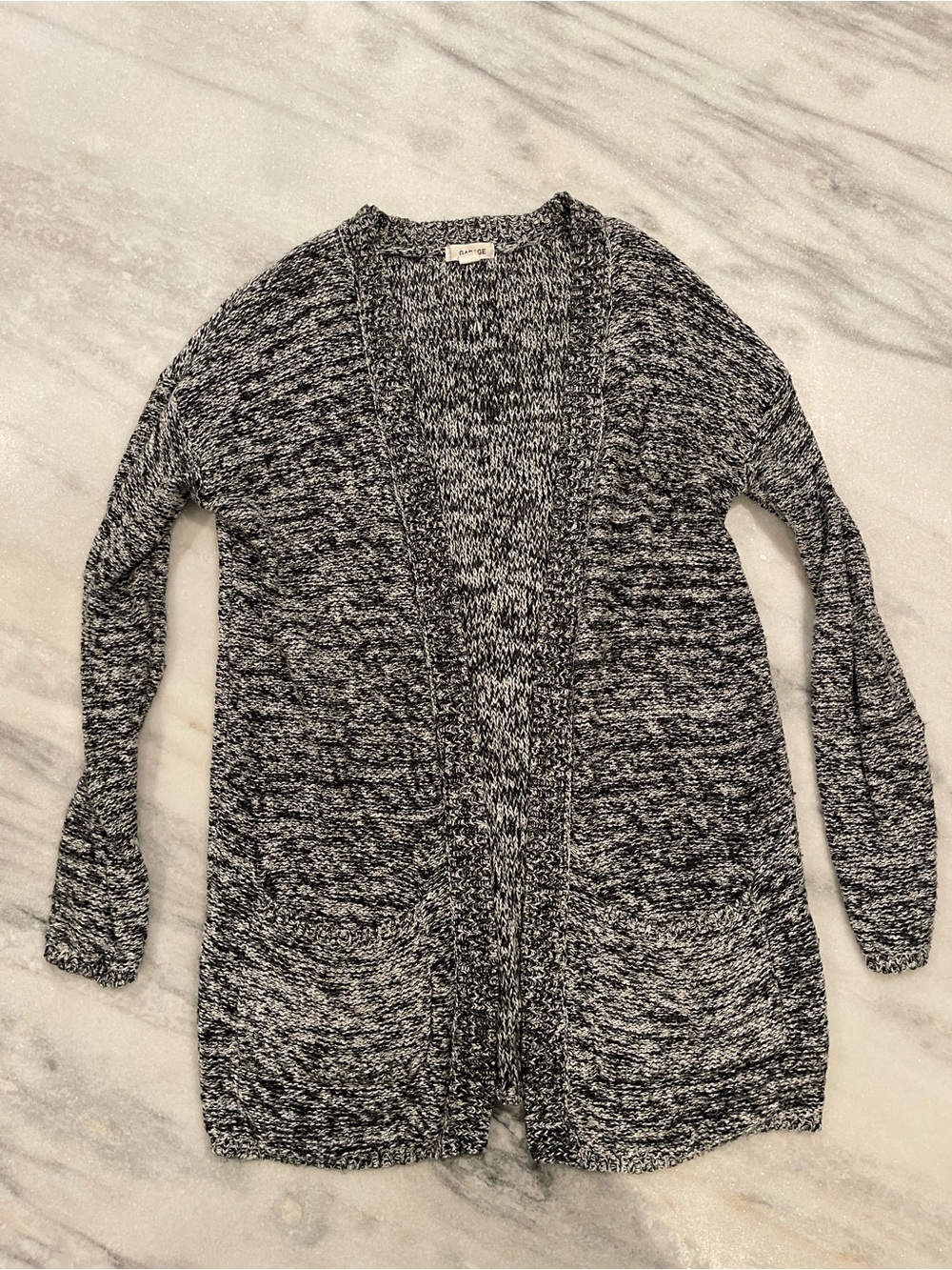 Garage Marled Open Front Knit Cardigan Sweater XS/S Black White Pockets